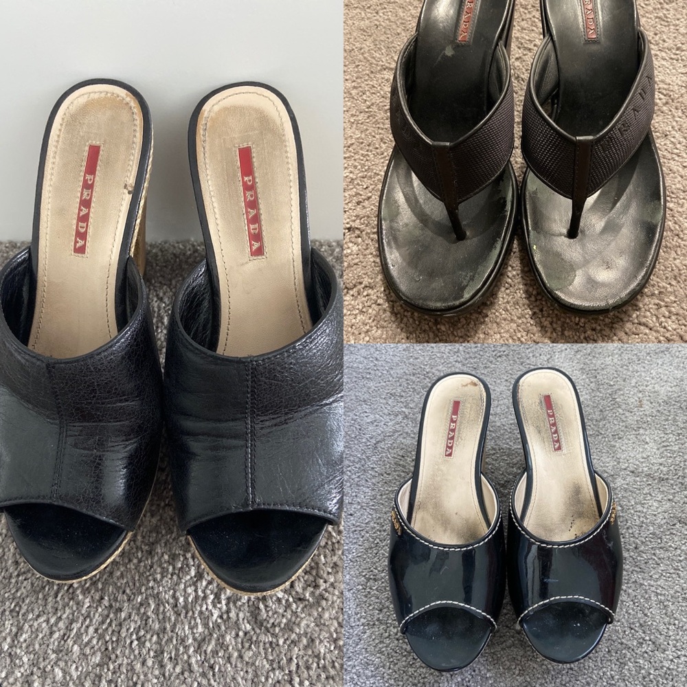 3 PRADA BLACK Sandals Platform Flip Flops Sz 36.5